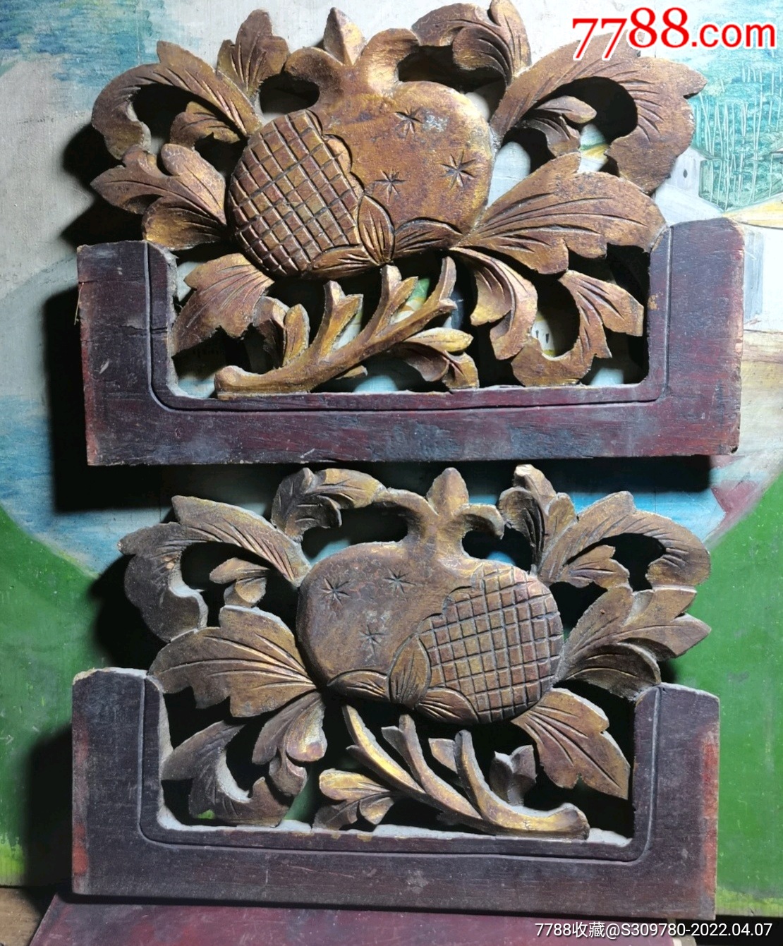 民国时期老樟木纯手工雕刻石榴一对石榴花开富贵多子多孙多福多寿