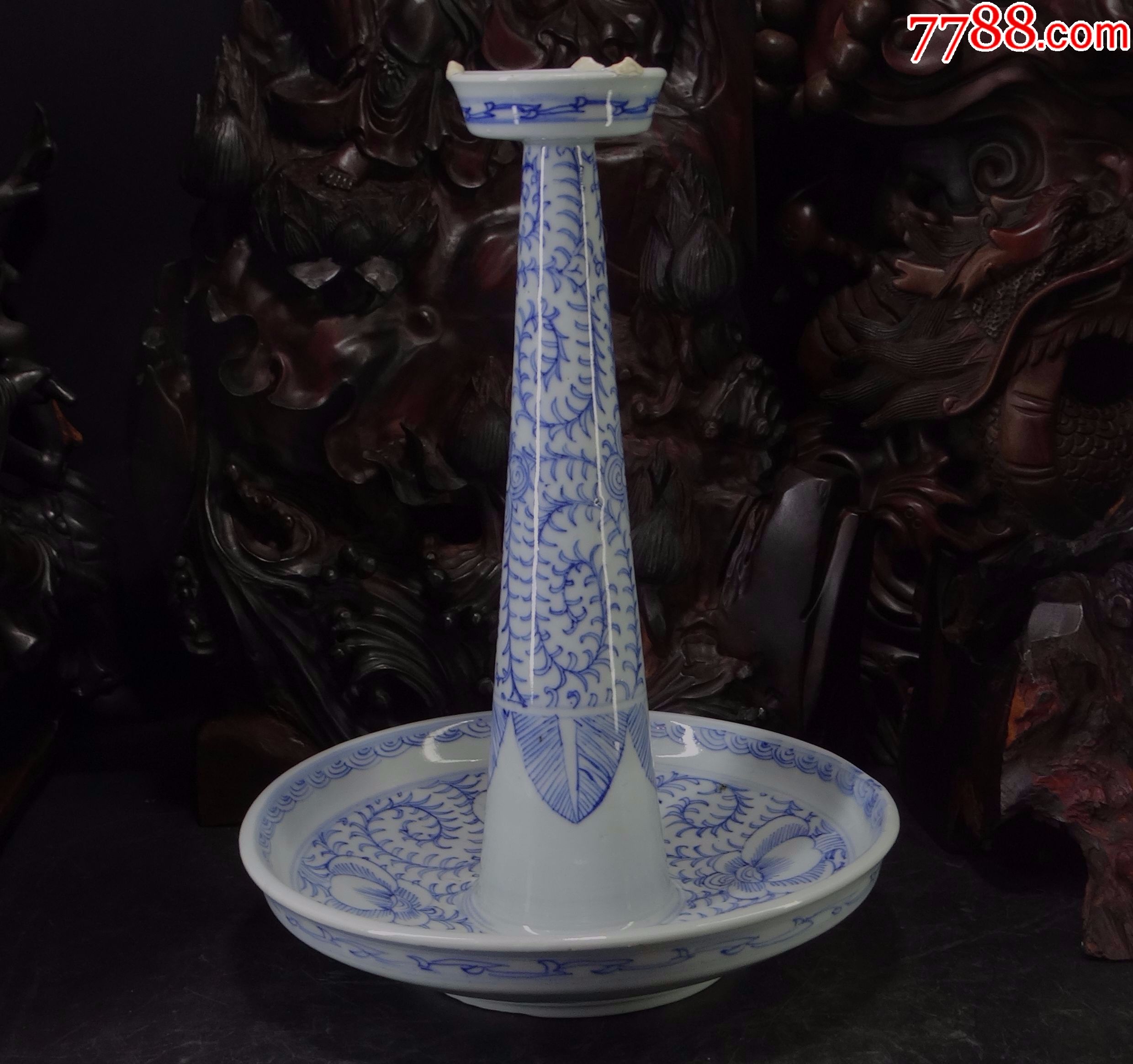 84瓶罐盘古玩古董收藏包真包老货真品清代嘉庆緾枝花卉纹青花灯台