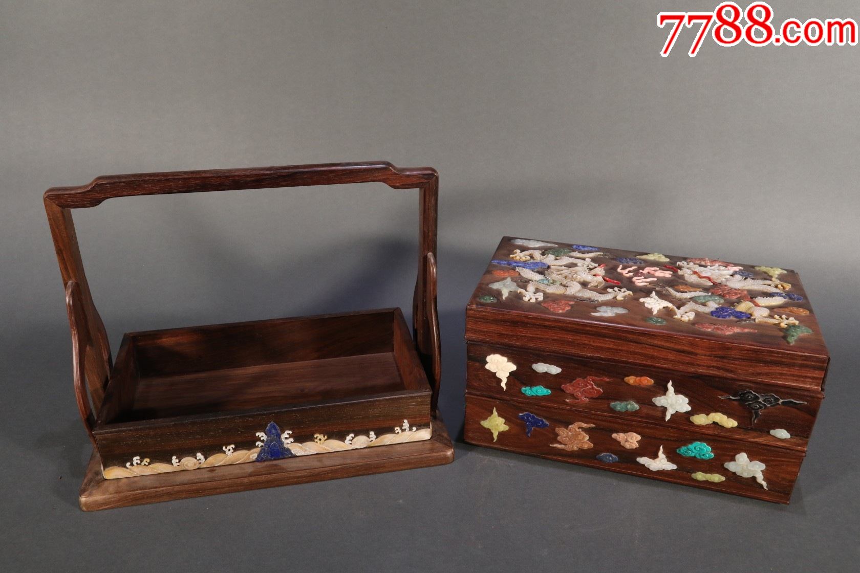 黄花梨百宝嵌龙纹提梁盒