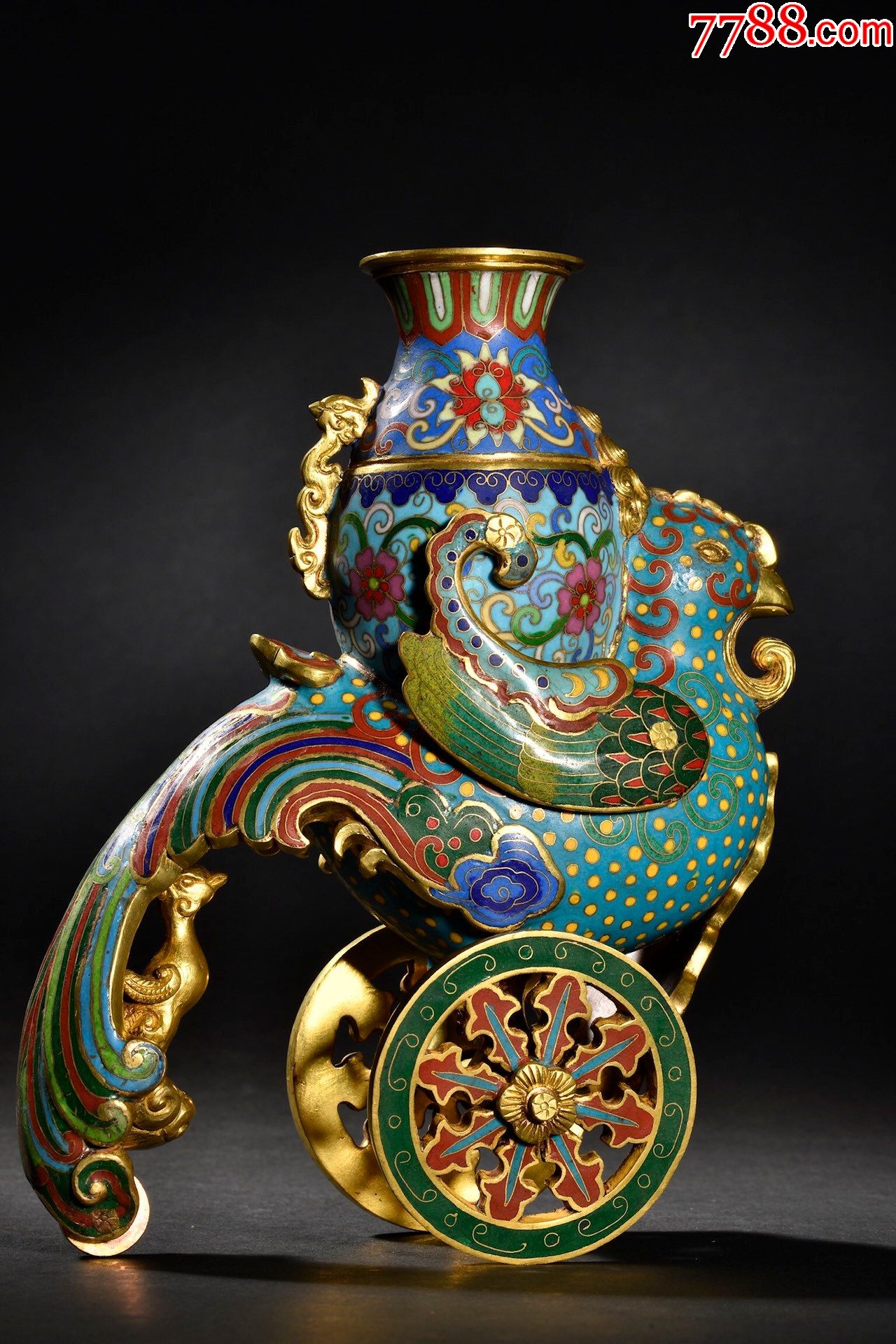 铜胎掐丝珐琅彩鎏金六珍天鸡尊一对