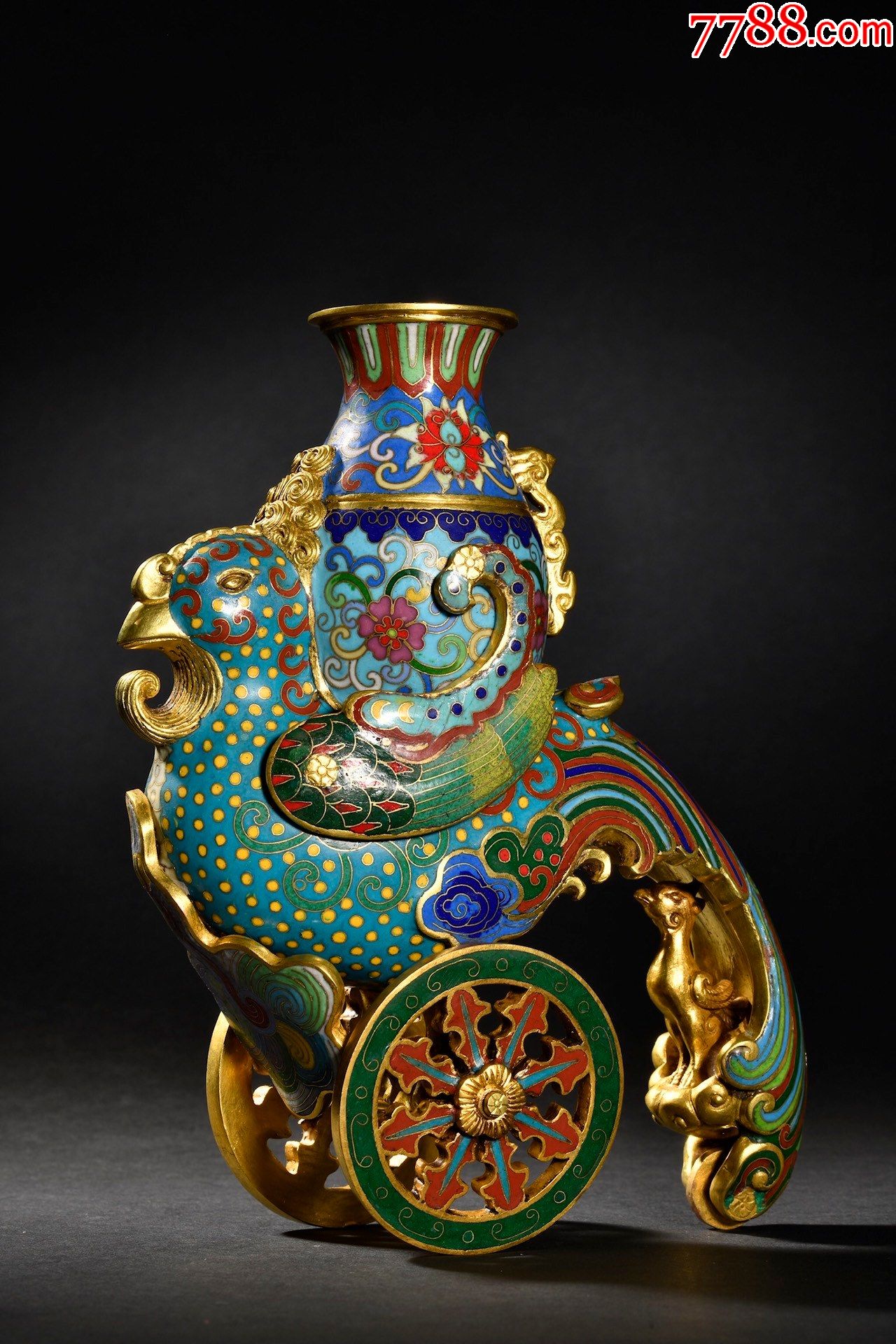 铜胎掐丝珐琅彩鎏金六珍天鸡尊一对