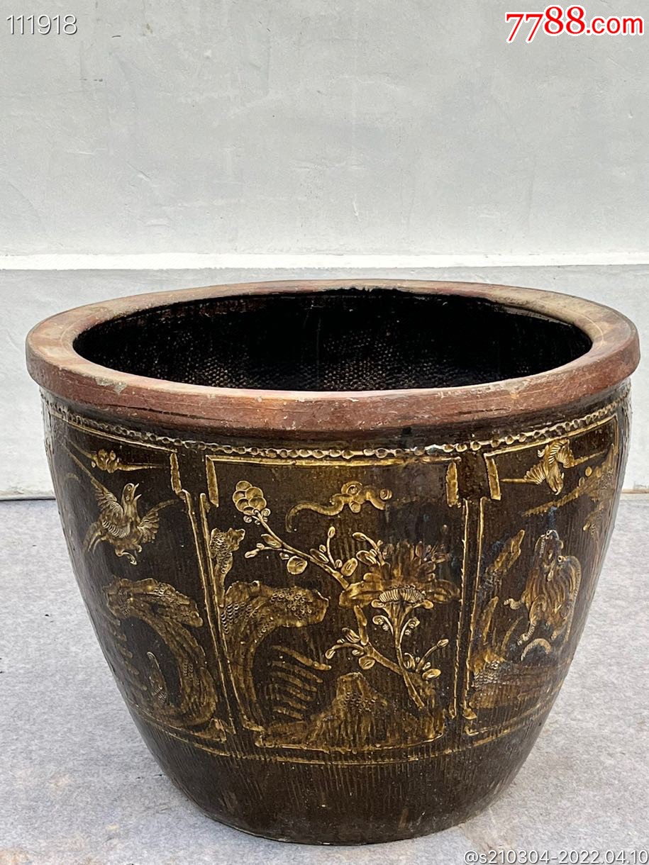 清代荷花缸保存最完整釉水一流图案清晰漂亮寓意祥和包浆温润器型归正