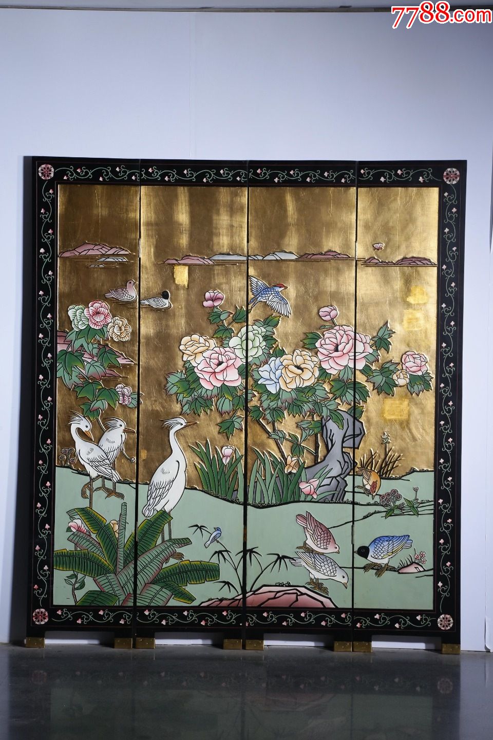 海外回流昭和时期木胎金漆刻花鸟纹屏风