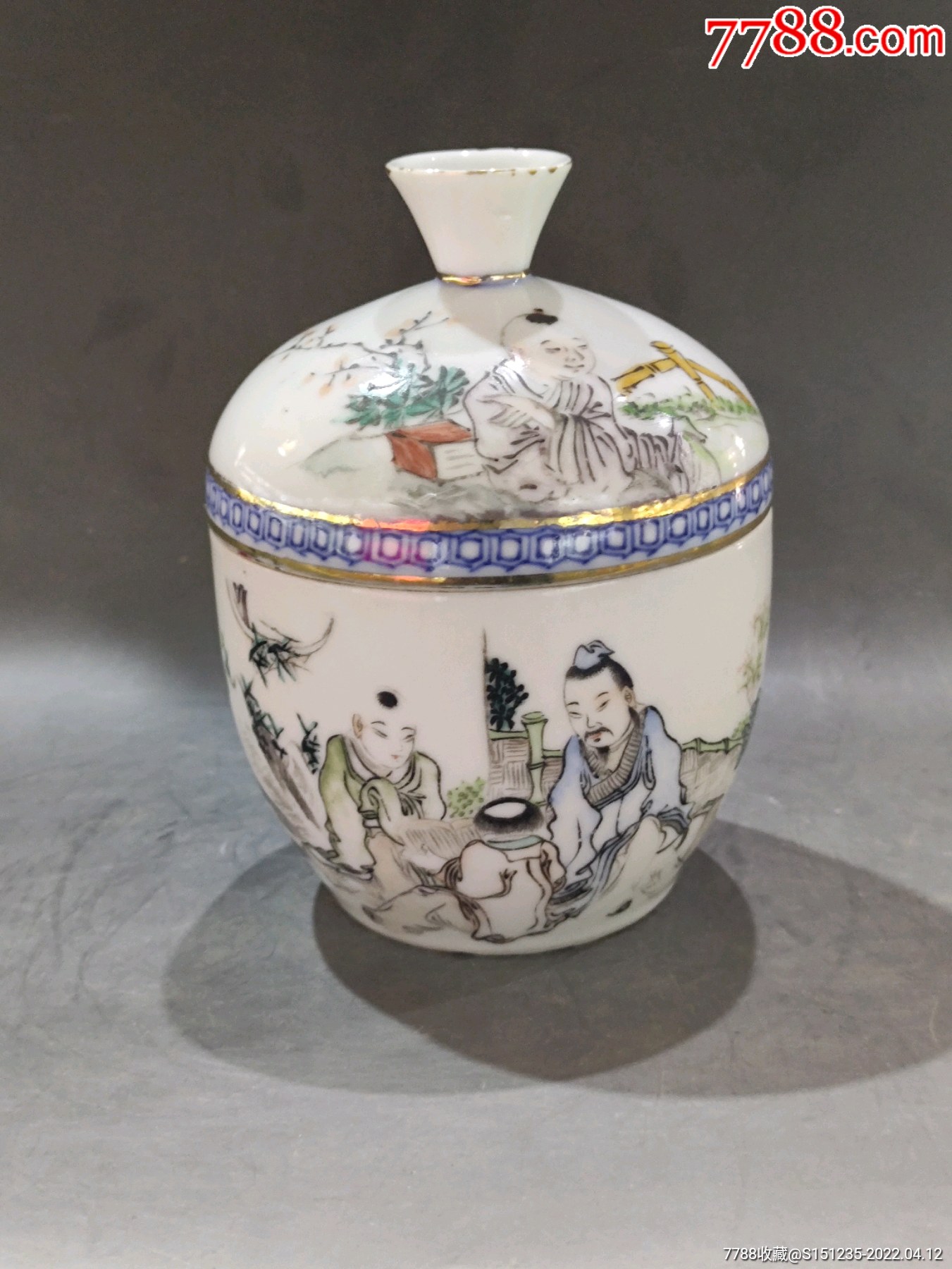 晚清名家仙槎浅绛彩人物盖缸盖子后配喜欢的朋友不要错过细节如图