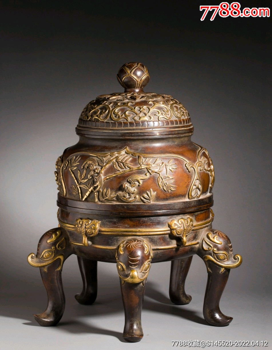 紫铜铸造鎏金帝王炉紫铜铸造浮雕錾刻鎏金