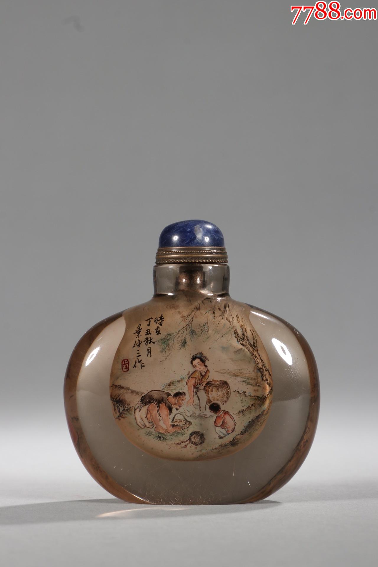 叶仲三作老琉璃内画天伦之乐鼻烟壶