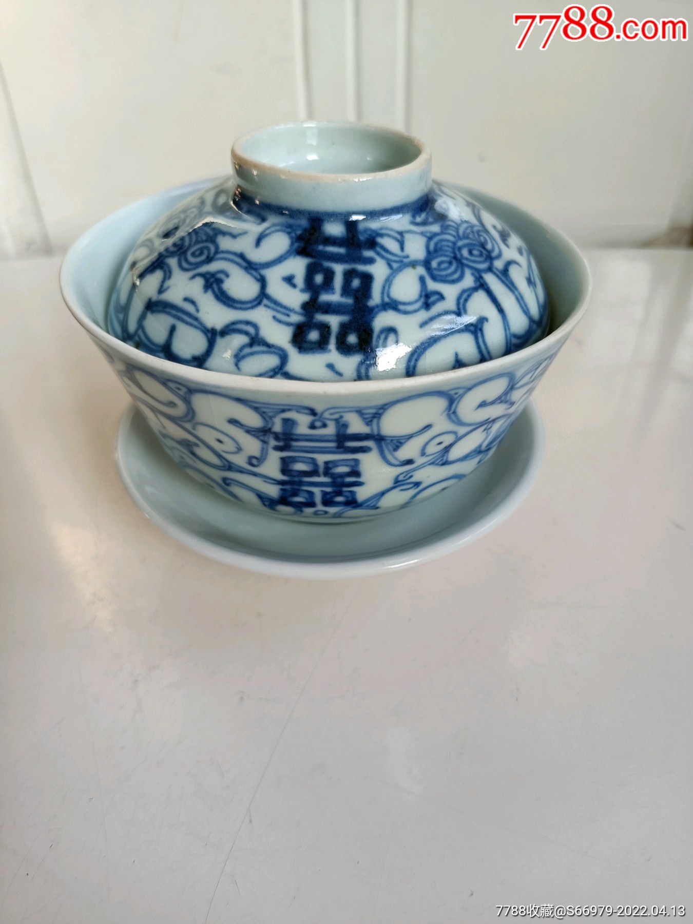 清代青花盖碗茶一套送鸭蛋青釉瓷茶托