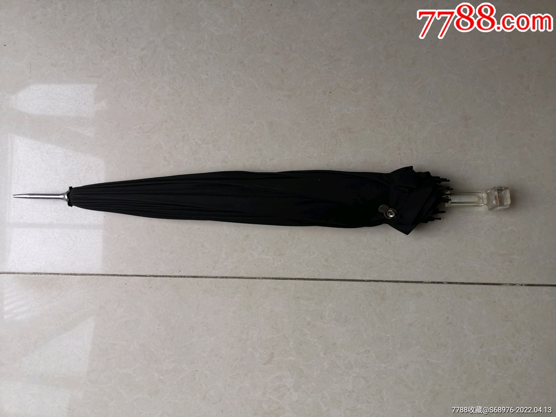 老雨伞6070年代黑布雨伞有机玻璃伞柄内嵌装饰花漂亮纯棉布伞面厚实伞