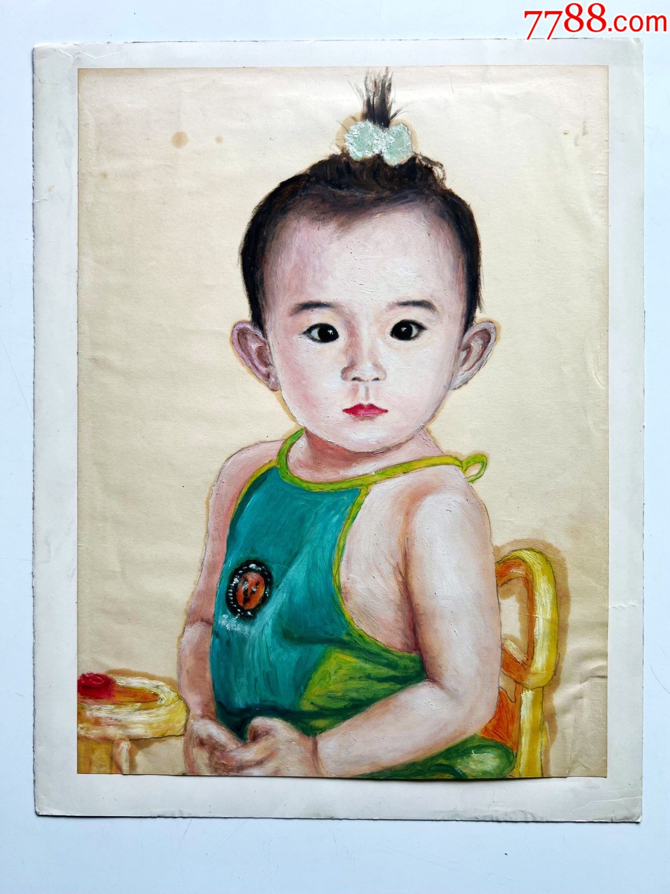 8090年代手绘纸本油画原作扎小辫的小女孩肖像