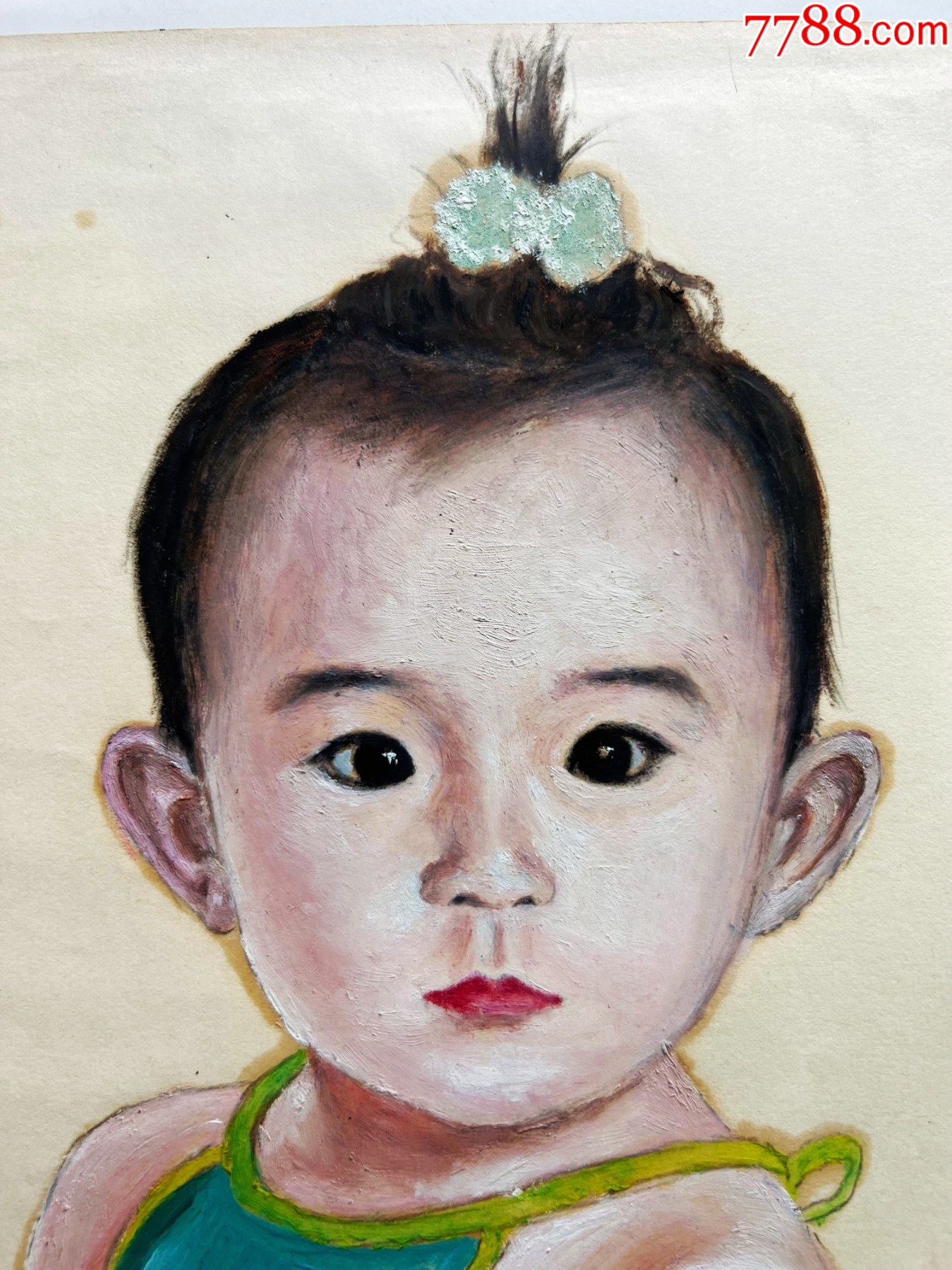8090年代手绘纸本油画原作扎小辫的小女孩肖像