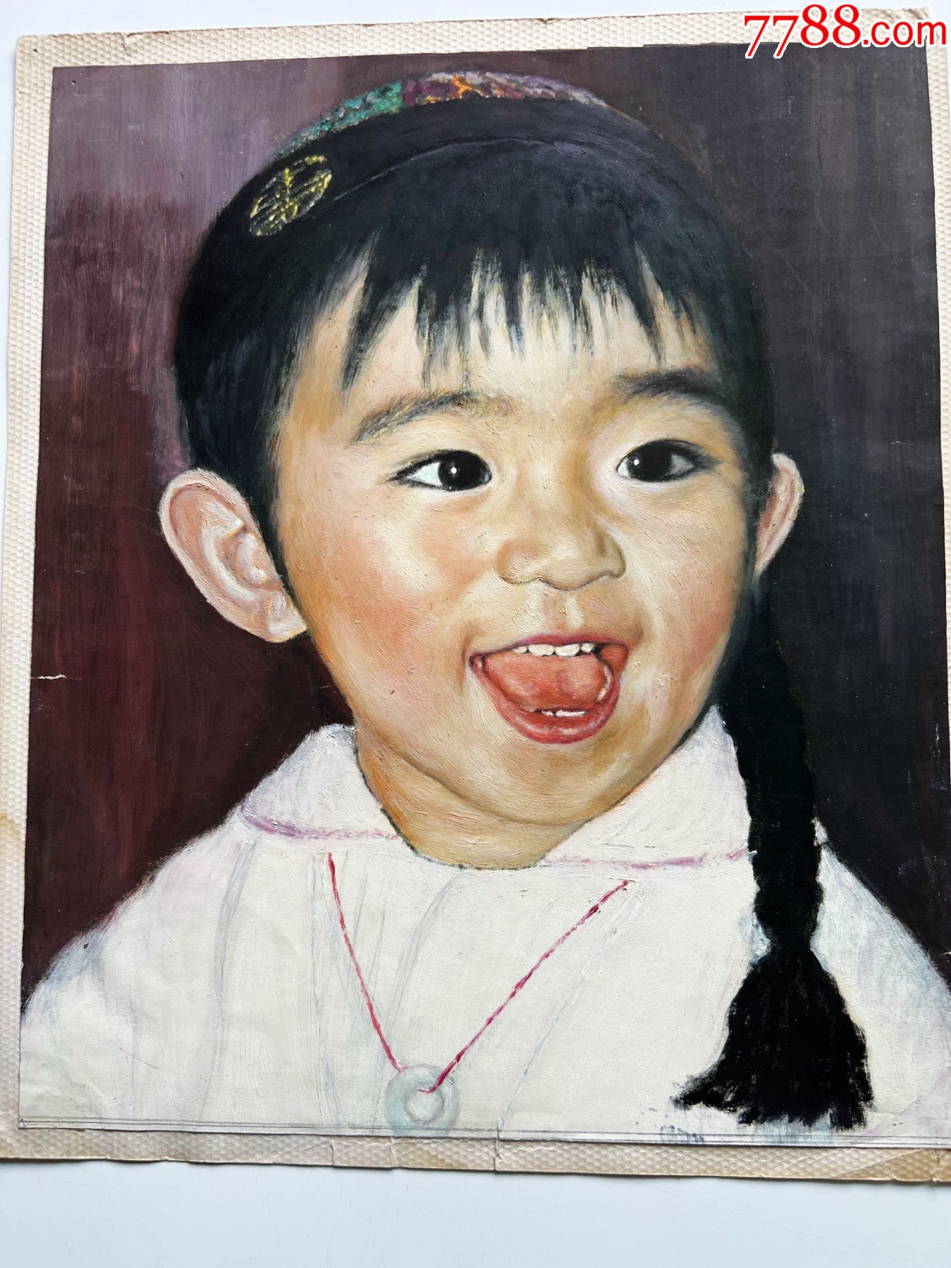 8090年代手绘纸本油画原作开心的小女孩肖像