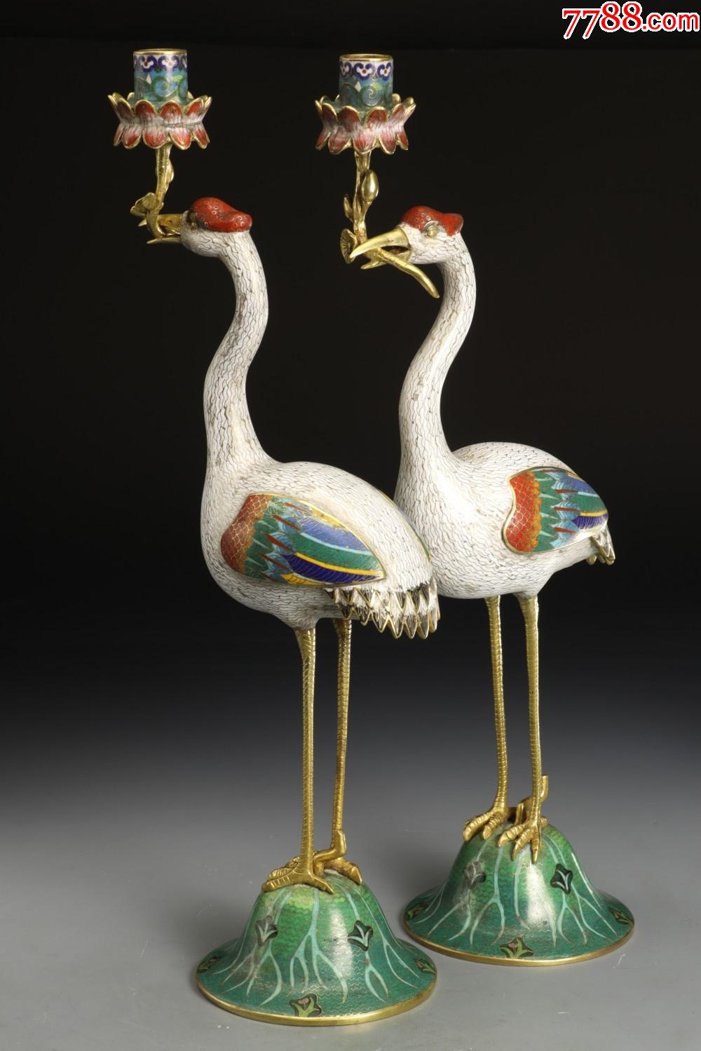 掐丝珐琅仙鹤献瑞烛台一对