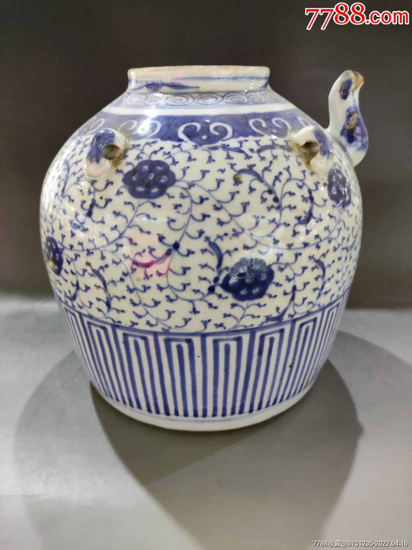 清道光缠枝莲青花四系大茶壶喜欢的朋友不要错过细节如图_青花瓷_收藏