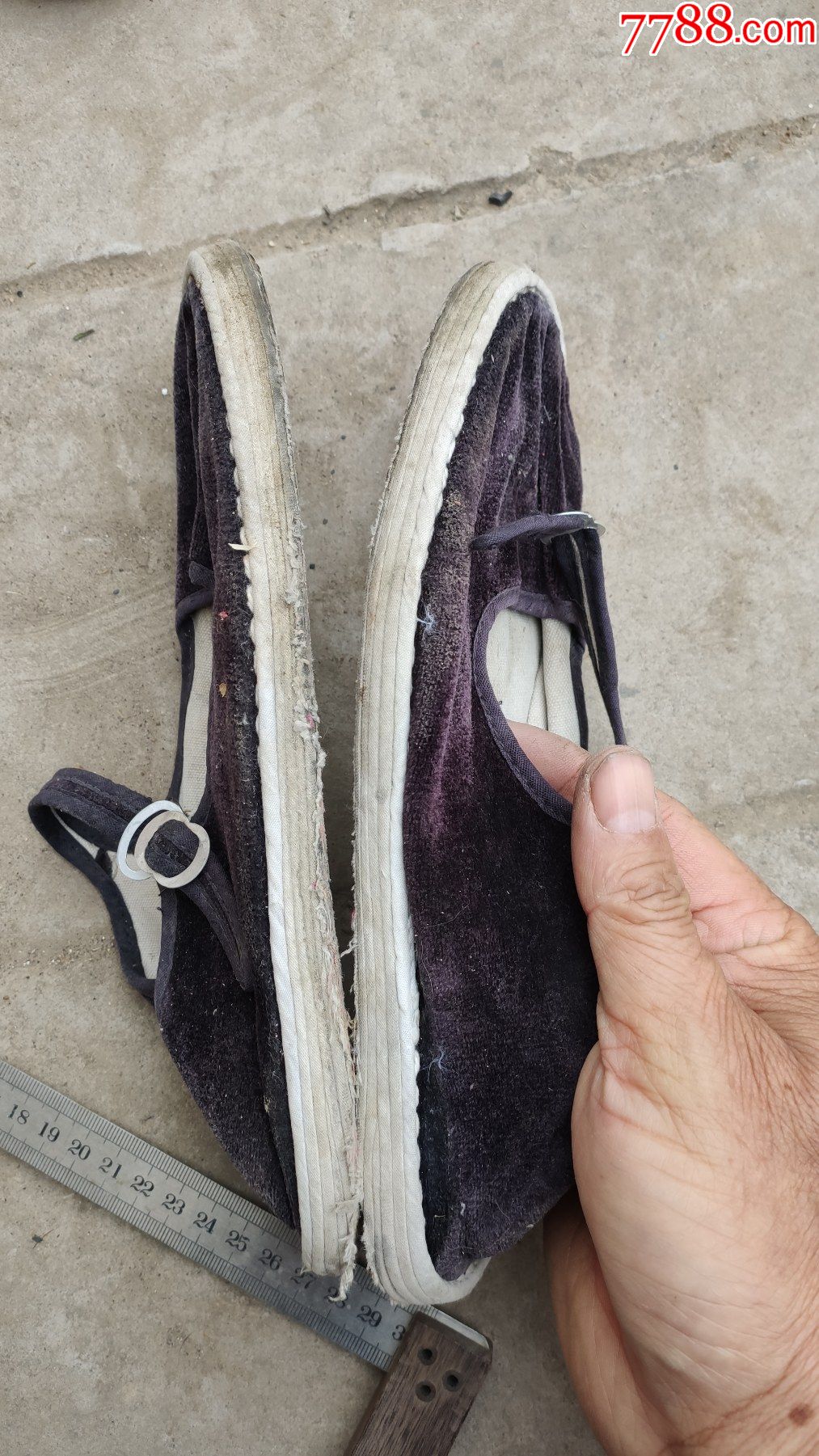 旧鞋收藏女士一带旧布鞋黑色绒面千层手纳底25厘米39码