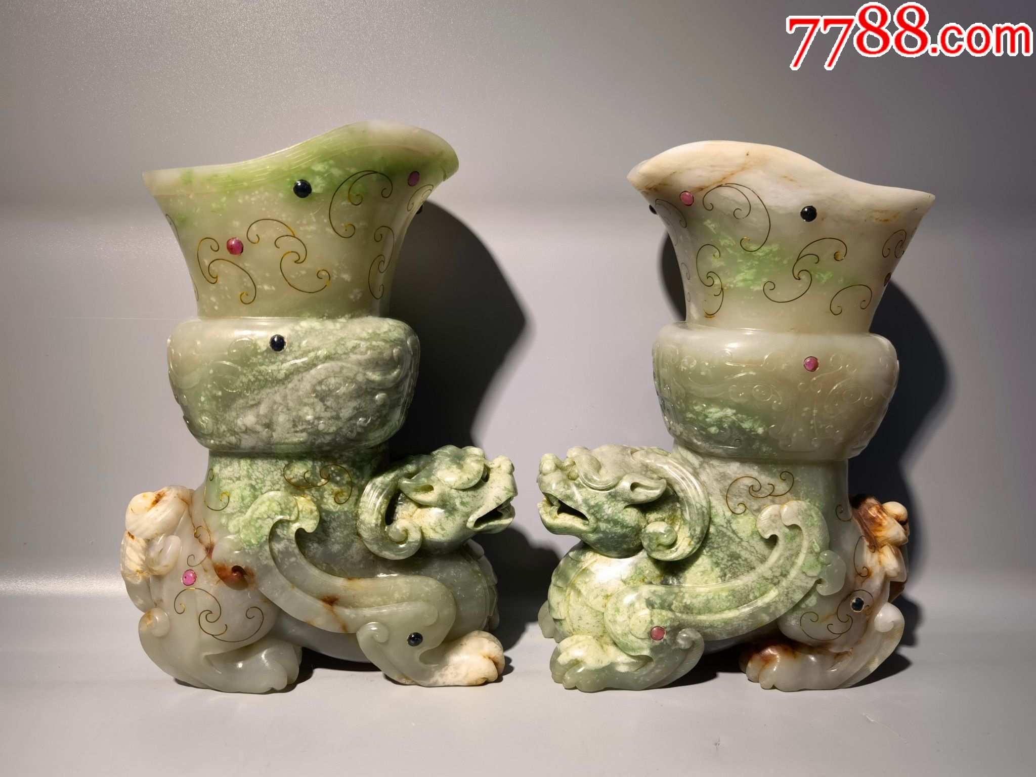 和田玉错金银角杯一对a91s390f