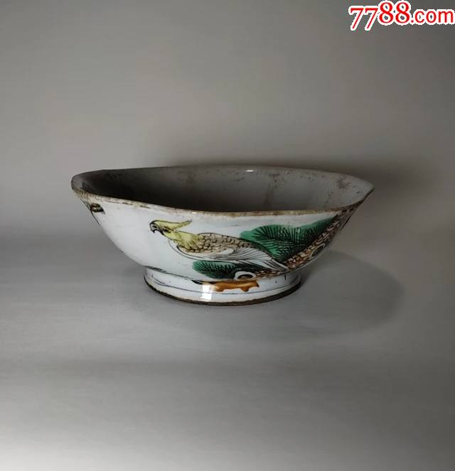民国花口粉彩潮安陶兴款芦雁老鹰纹老瓷碗花口碗芦雁碗老鹰碗饭碗菜碗