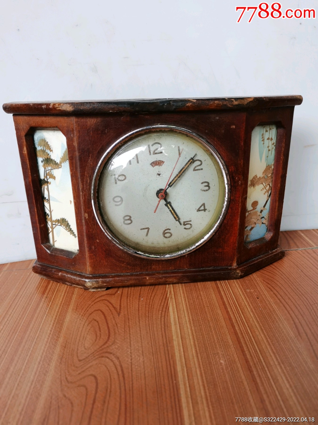 怀旧老物件金鸡牌原装木壳手绘山水画机械闹钟钟表