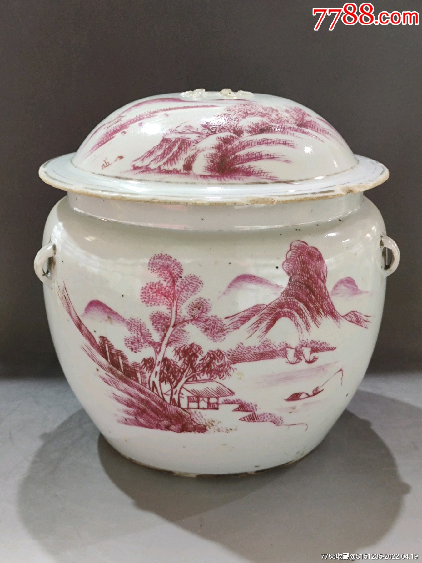 民国胭脂红山水人物纹大粥罐江西珠山新发出品盖子惜残细节如图