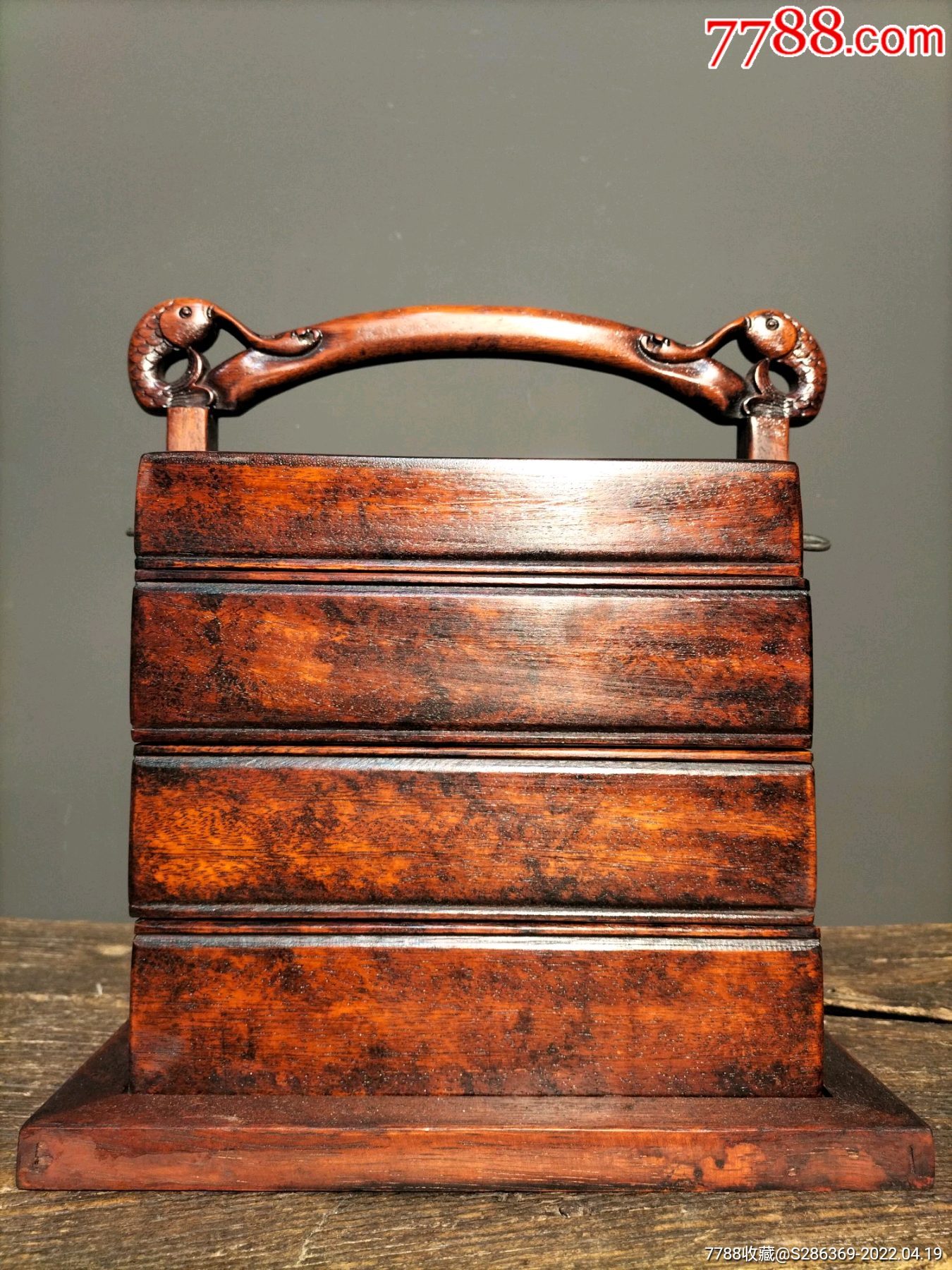 花梨木镶嵌彩贝喜上眉梢四方手提食盒