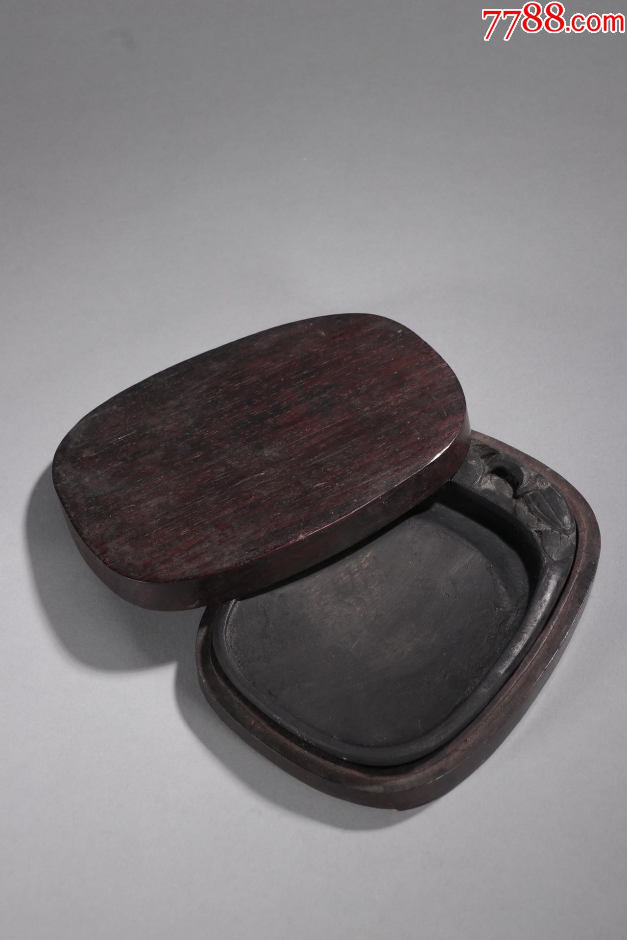 酸枝木配端石福瓜纹套砚