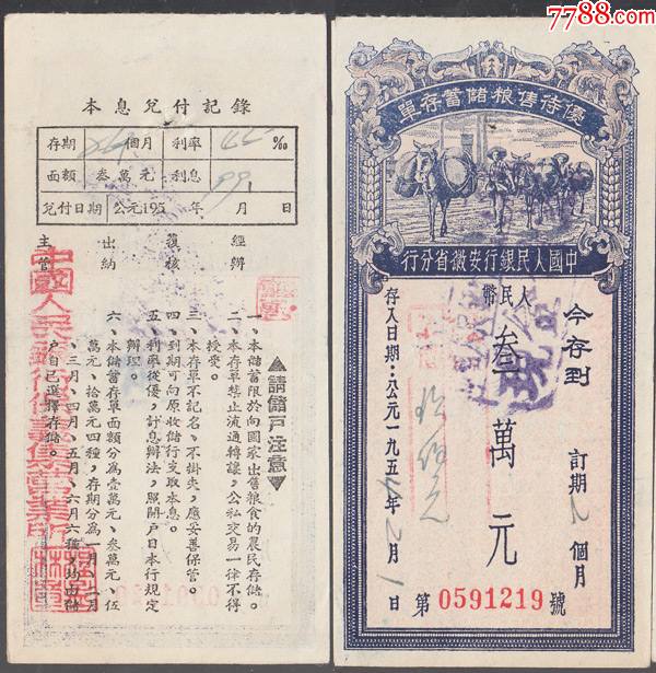 中国人民银行安徽省分行优待售粮储蓄存单_存单/存折【金台收藏】_第3张_7788纸艺