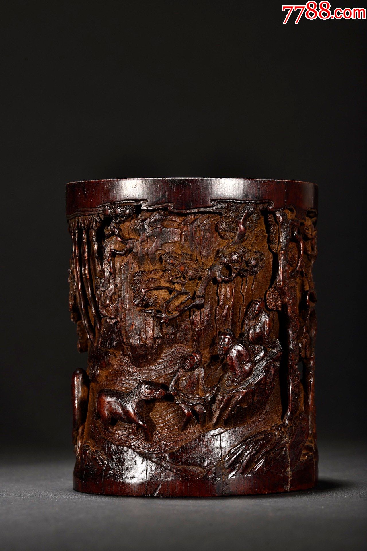 清代老竹雕人物故事文房笔筒