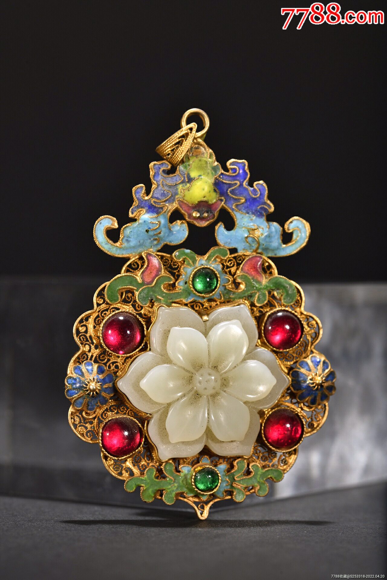 银鎏金掐丝镶宝石烧蓝和田玉莲花纹挂件a21s20f