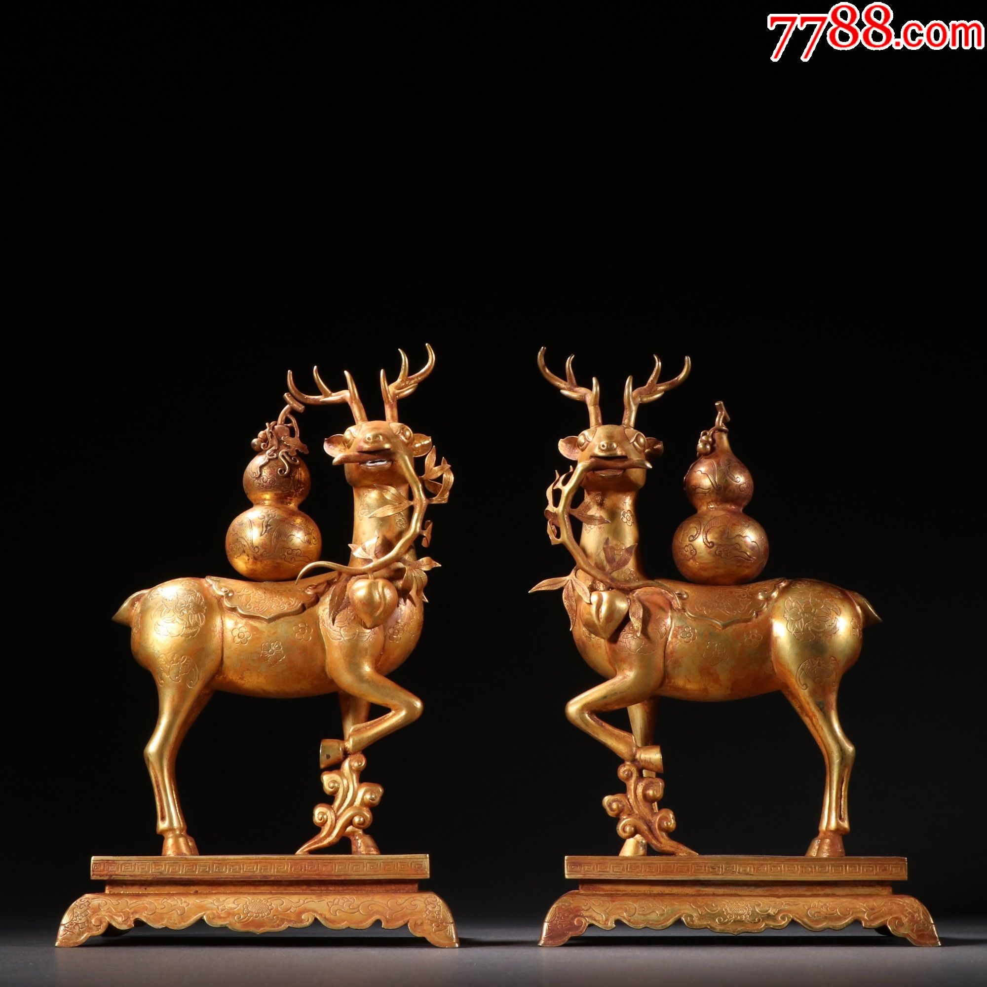 铜鎏金福禄摆件一对