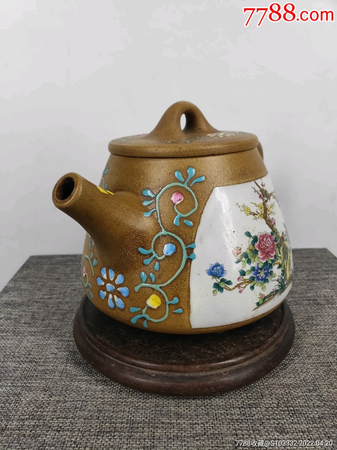 民间收到民藏陈鸣远底款段泥画彩老紫砂壶一把包浆醇厚保存完整十分