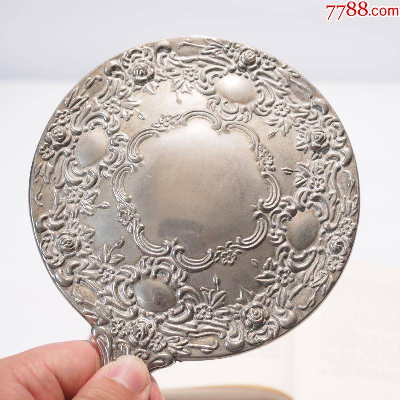 西洋古董中古vintage镀银器手持化妆镜梳妆镜子图案精致怀旧礼品