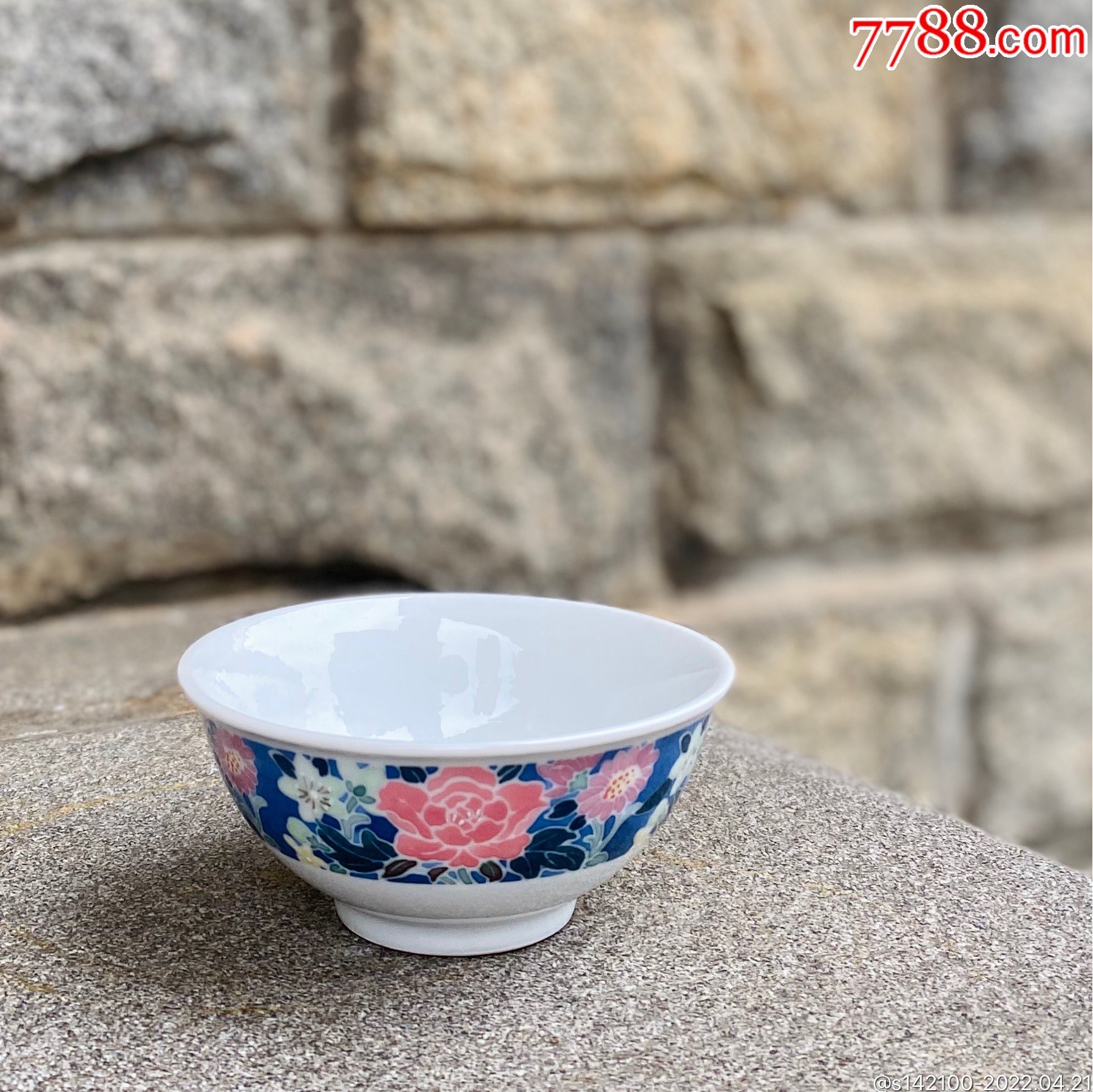 醴陵群力老瓷器釉下五彩手绘兰底满花饭碗包老保真收藏