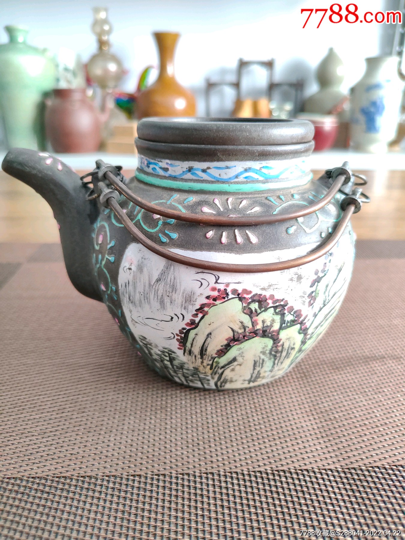 紫砂挂釉提梁壶收藏品老紫砂壶摆件