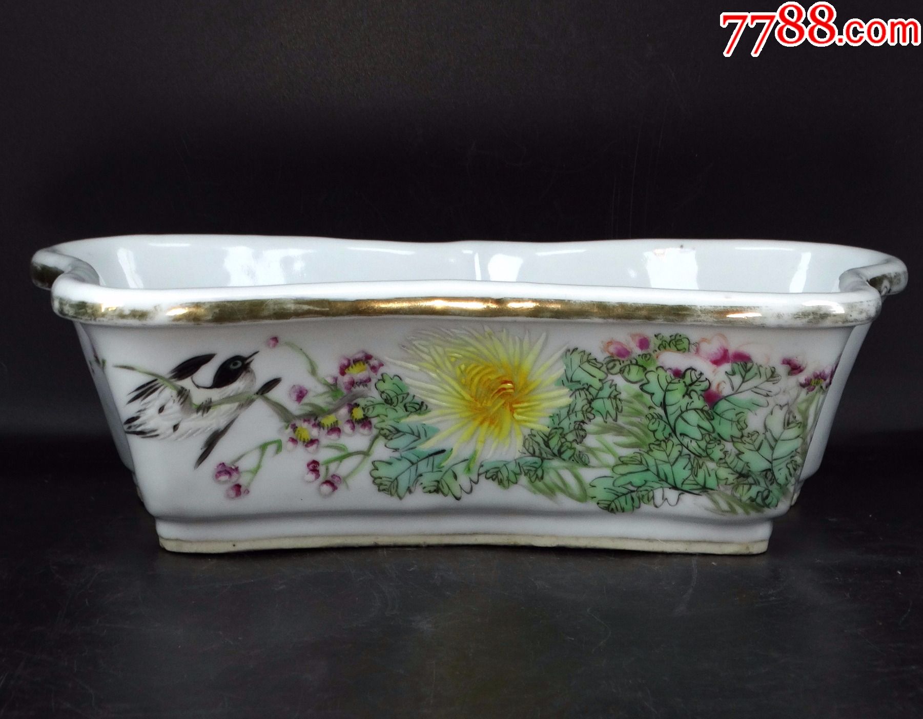 99古玩古董瓷器收藏清代民国江西瓷业公司花卉诗文描金皇冠口水仙盆