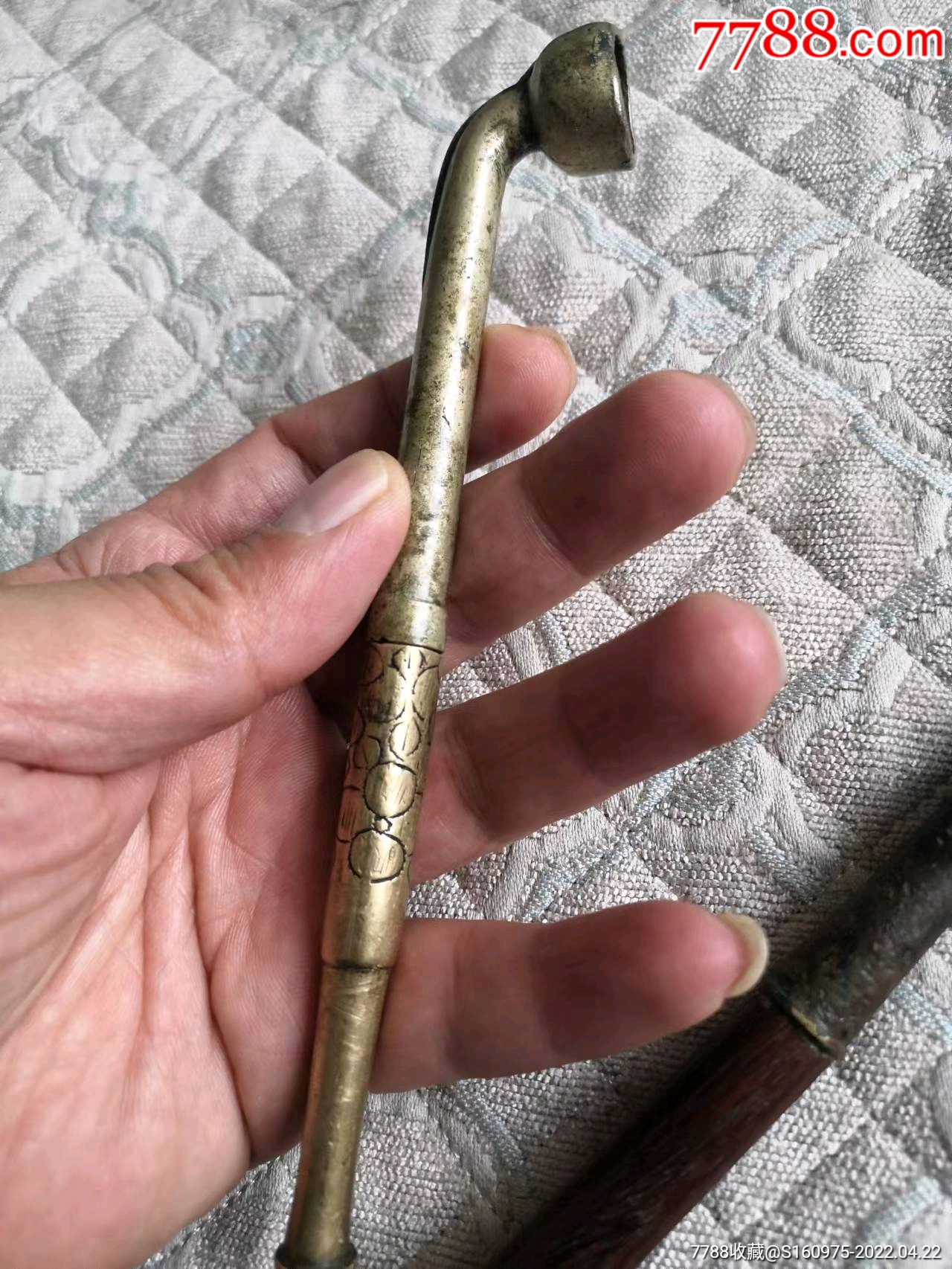 清代黄铜刻花小烟袋一个完整