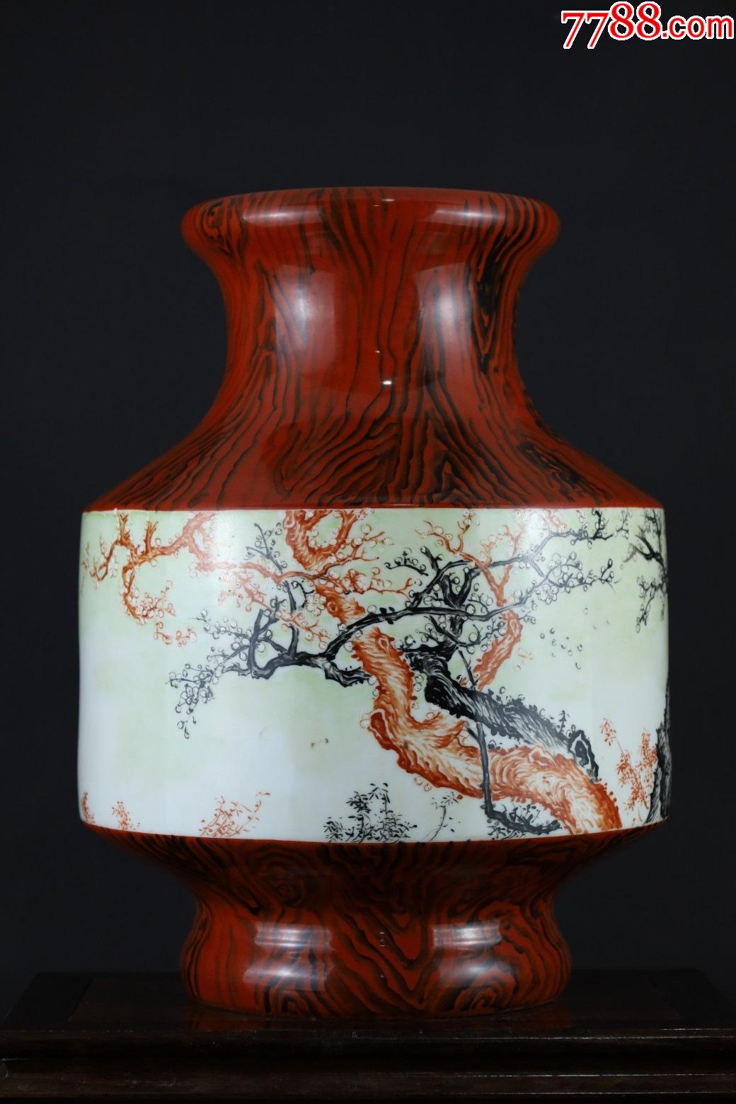 清乾隆木纹釉开窗矾红墨彩石竹梅诗文图棋子瓶