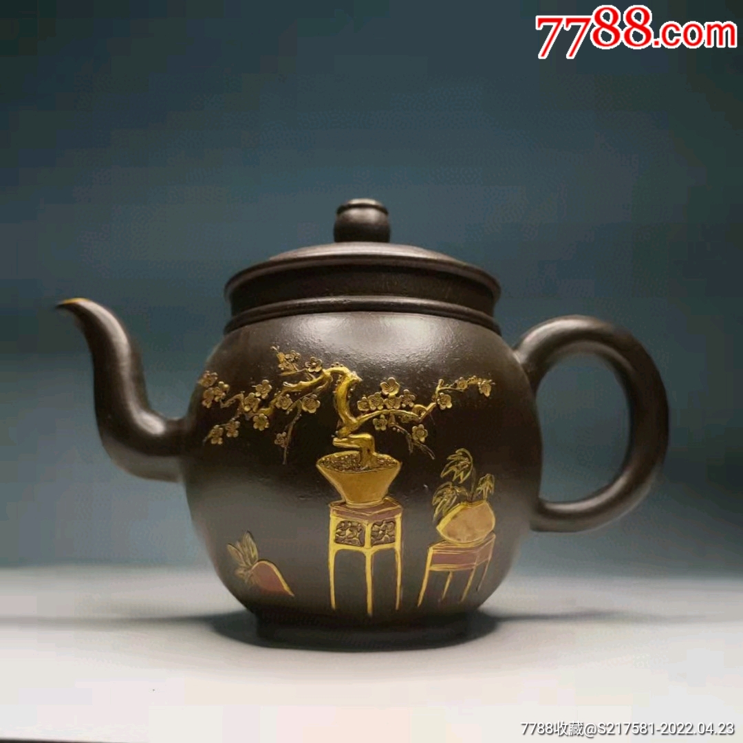紫砂壶何道洪浮雕花鸟图案真金彩绘器型漂亮胎质细腻色泽黑亮全美品