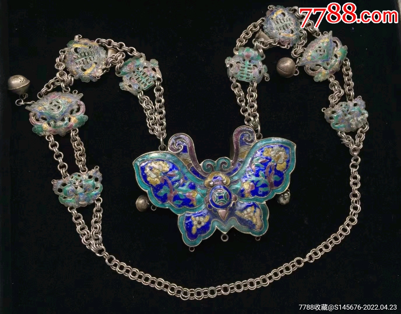 美品珐琅彩蝴蝶老银套锁-价格:13800元-se86687517-银锁/银项链-零售