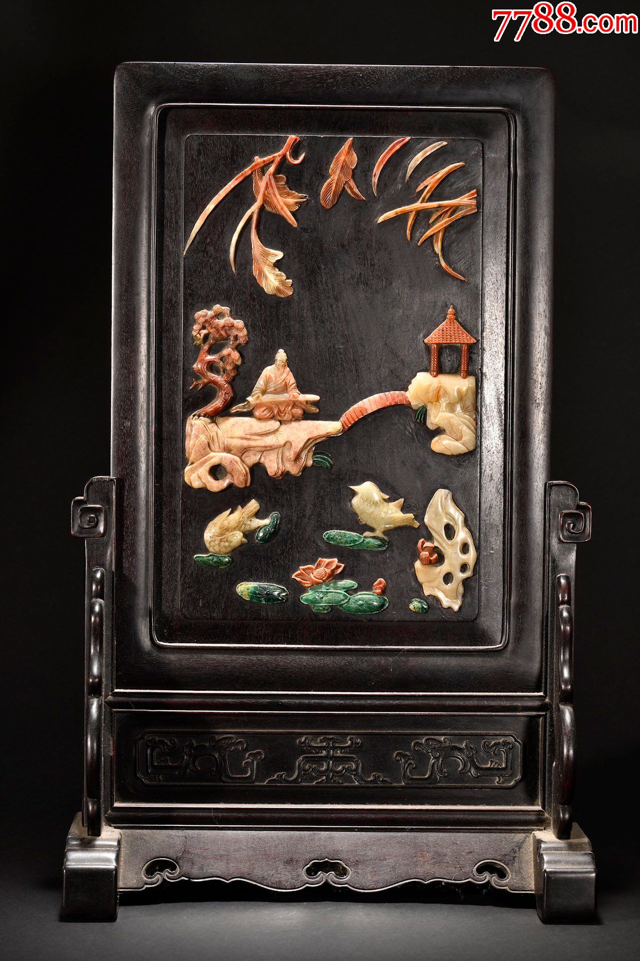 紫檀木镶寿山石人物故事大插屏