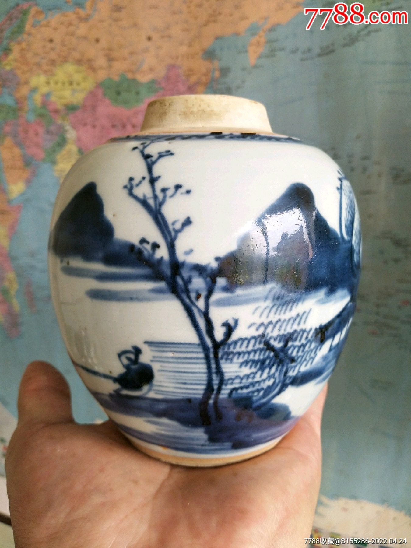 清雍正青花山水人物罐高12厘米口径4厘米