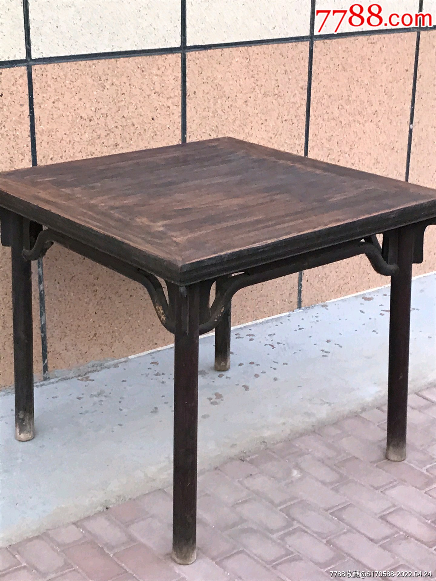 5品99晚清精品榆木老茶几全品全铜活附带玻璃画清莲和富贵牡丹两幅