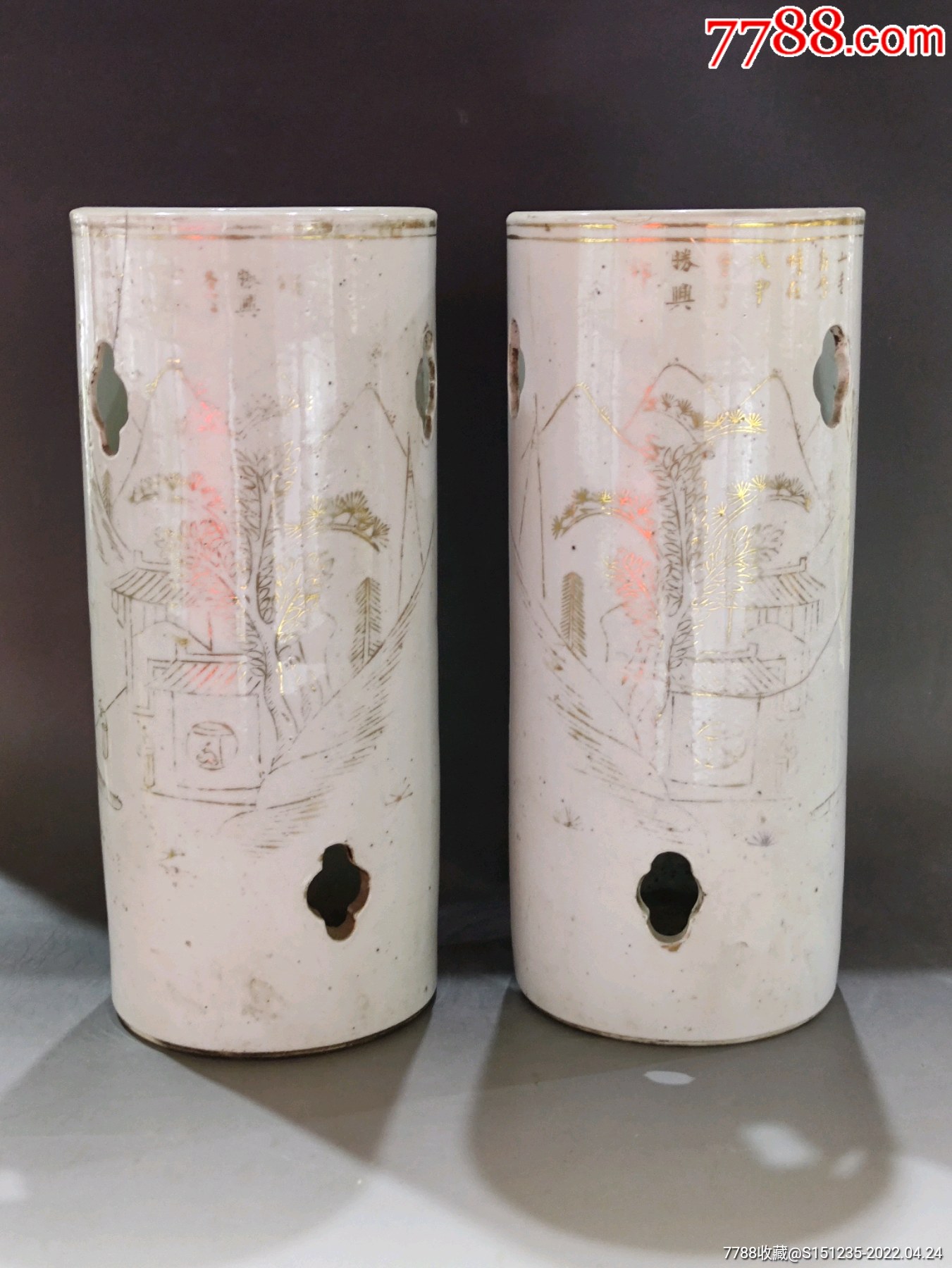 民国名家刘顺太帽筒一对画工细腻惜有冲线喜欢的朋友不要错过细节如图