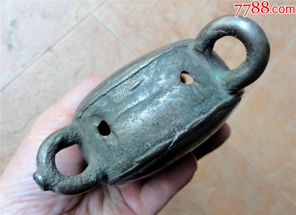 马帮遗留清末民初超大的雕花白铜料双耳扁铃铛446g巨无霸
