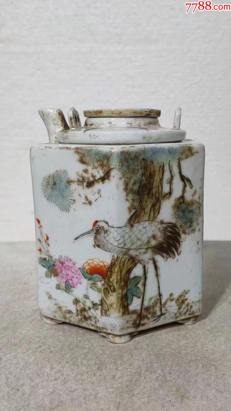 晚清民国浅绛彩名家汪章款手绘粉彩花鸟六方提梁壶高124直径95