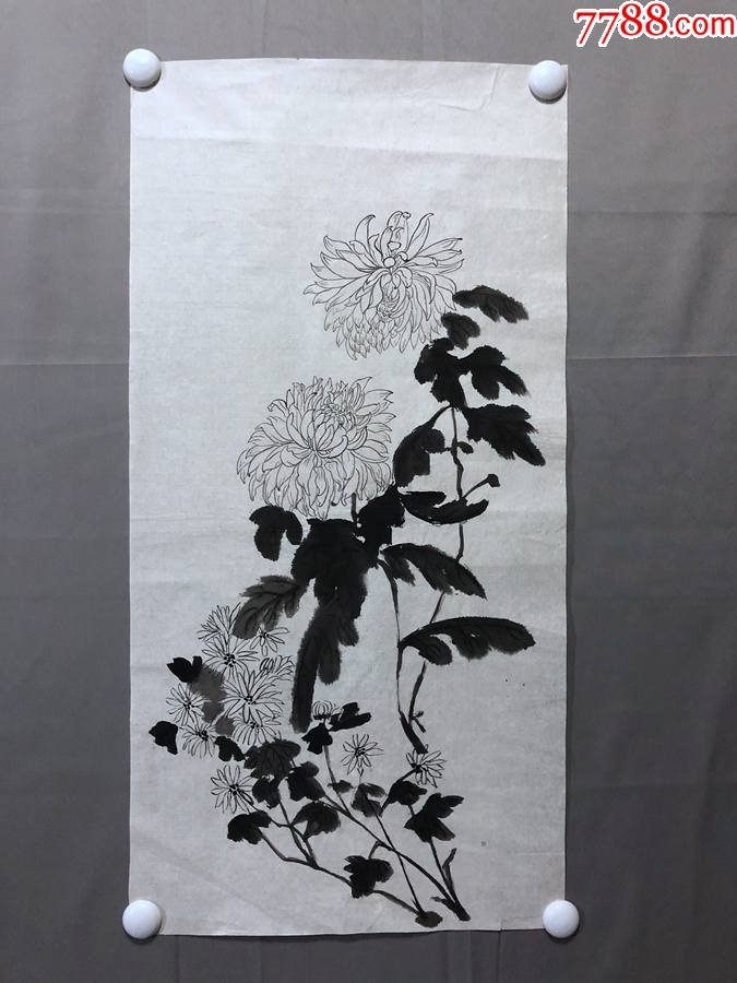 17727~【周愛蓮】無款工筆花鳥畫,菊花,尺寸約為68*34釐米_花鳥國畫