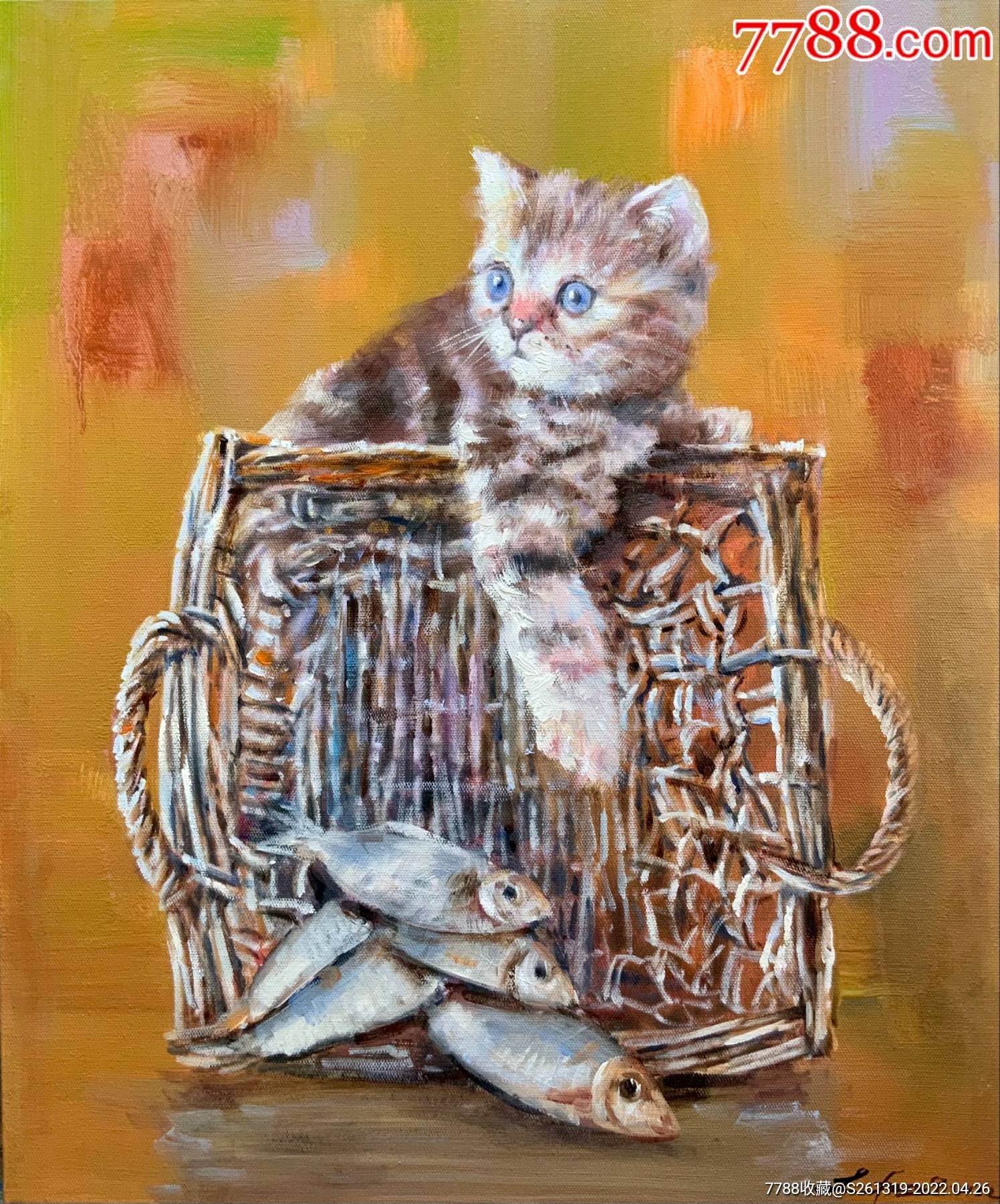 猫咪与鱼_油画原画_第1张_7788纸艺