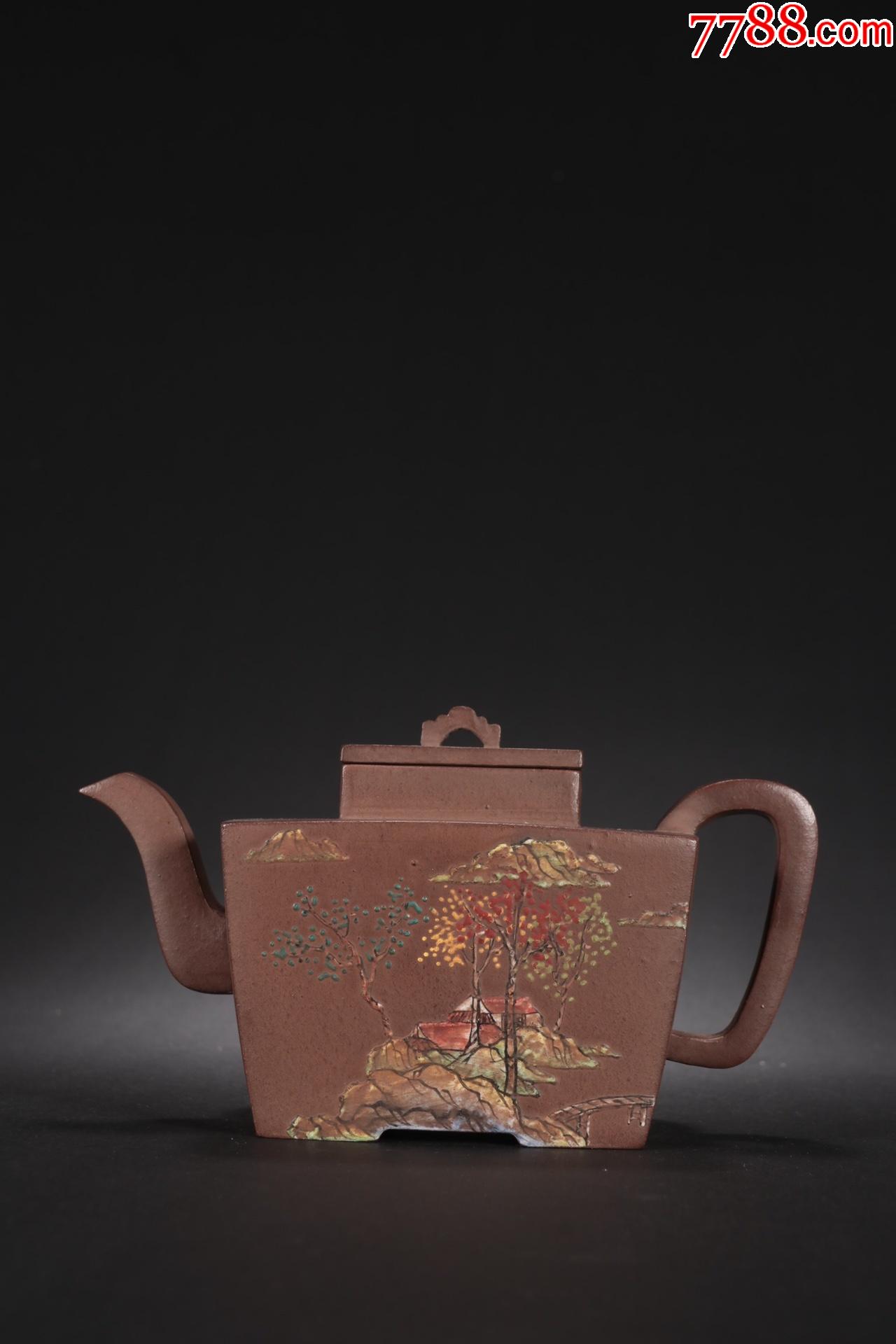 紫砂加彩山水诗文茶壶