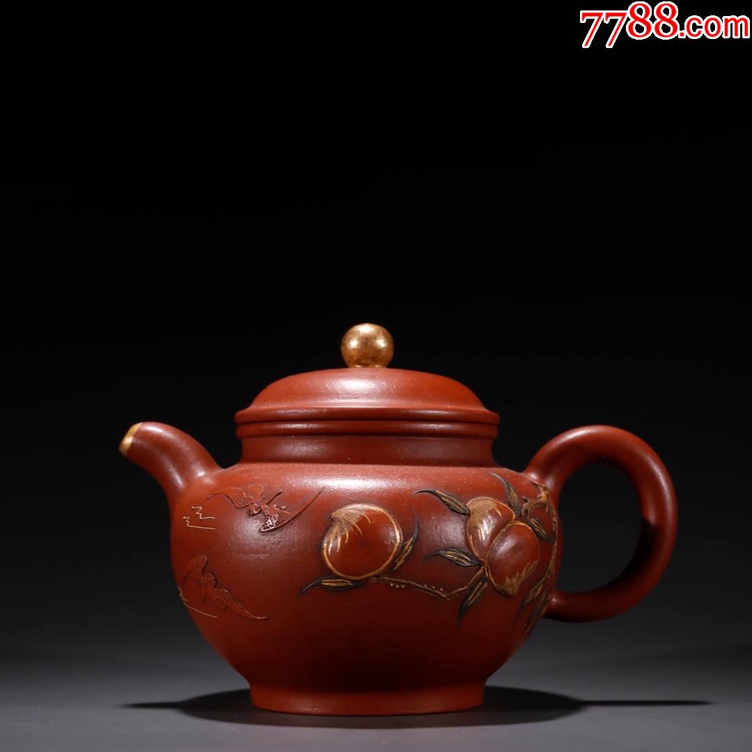 孟臣款紫砂描金蝙蝠求寿茶壶