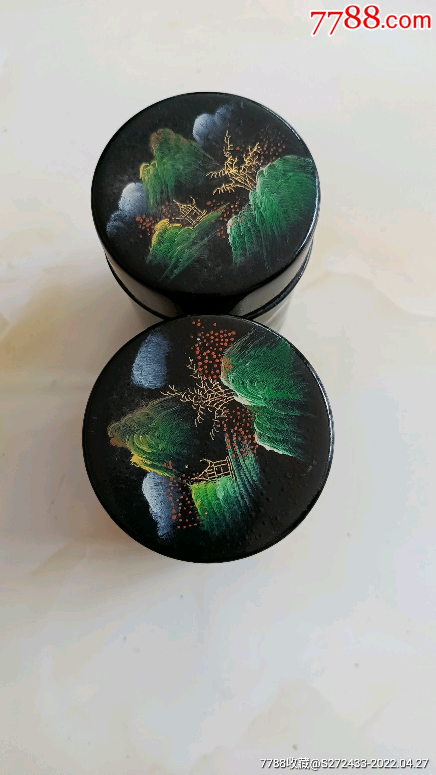 大漆茶叶盒一对纯手绘图案保存品相完整包老包真