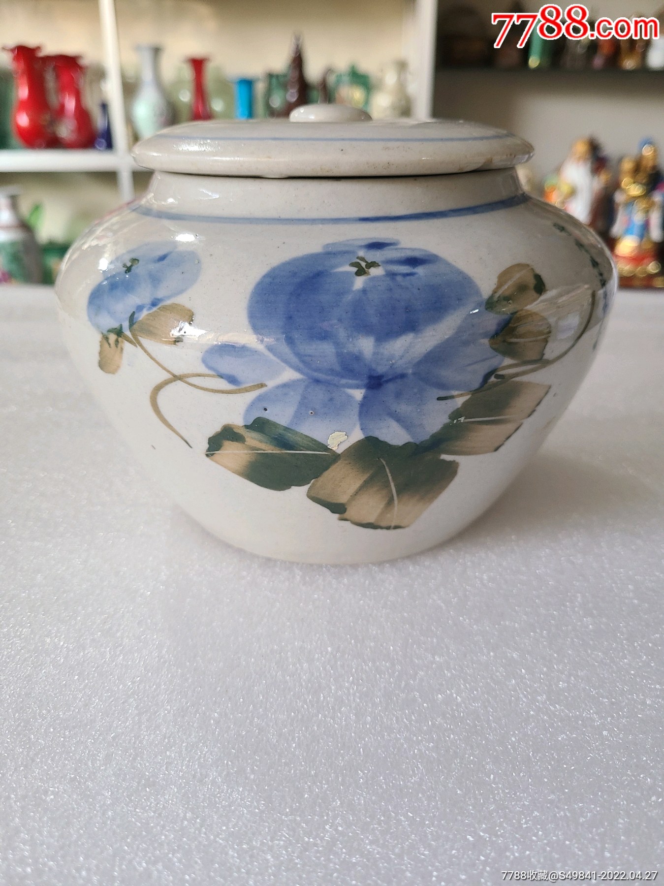 精品朝鲜高丽白釉老瓷器盖罐带字款