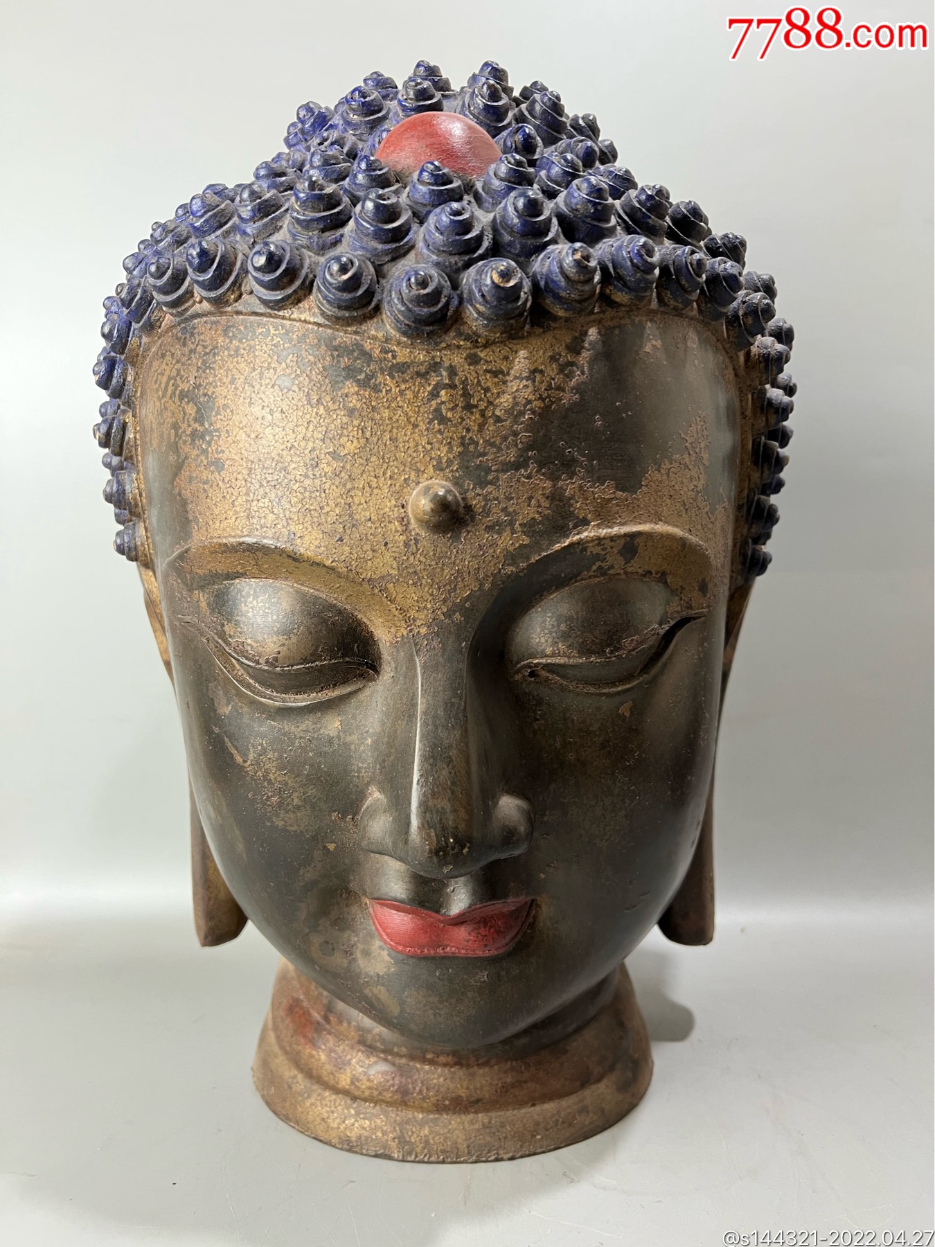 清代大尺寸烤蓝泥金释迦牟尼铜佛头.高度42cm,宽度约30cm重11.